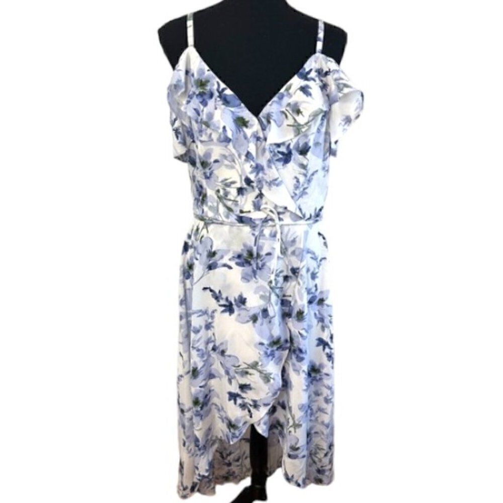 NWT A. Byer Hi Lo Off Shoulder Blue and White Floral Women’s Dress Size Large